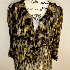 Milly Animal Print Silk Sheer Ruffle & Button Front Blouse